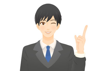 指差しポーズのスーツ男性
