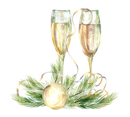 Watercolor champagne glass and gold christmas balls. New year celebration greeting cards. Gold christmas decor. Sparkling wine glass - 384323685