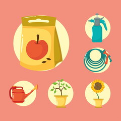 apple seed bag and gardening flat style icons