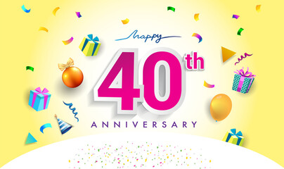 40th Years Anniversary Celebration Design, with gift box and balloons, ribbon, Colorful Vector template elements for your birthday celebrating party.