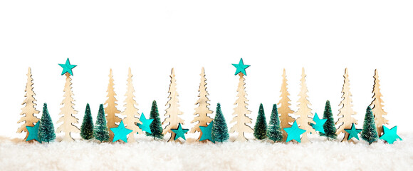 Banner With Many Christmas Tree. Turquoise Christmas Star Decoration And Ornament With Snow. White Isolated Background