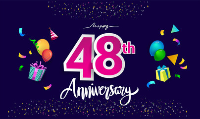 48th Years Anniversary Celebration Design, with gift box and balloons, ribbon, Colorful Vector template elements for your birthday celebrating party.
