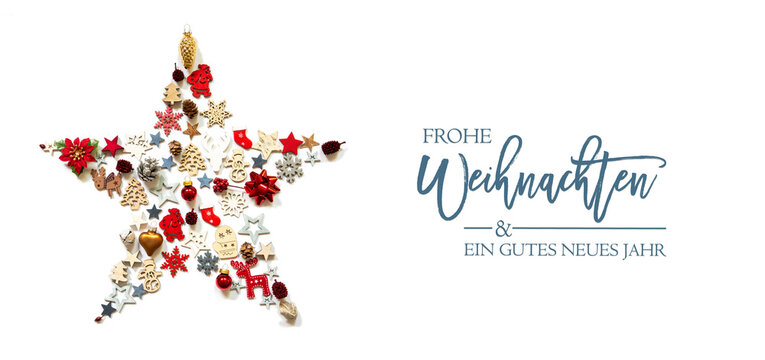 Christmas Star Build Of Vairous Christmas Decoration And Ornaments. German Text Frohe Weihnachten Und Ein Gutes Neues Jahr Means Merry Christmas And A Happy New Year. White Isolated Background