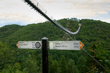 Geierlay is a suspension bridge in the low mountain range of the Hunsrück in western Germany. 