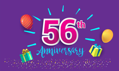 56th Years Anniversary Celebration Design, with gift box and balloons, ribbon, Colorful Vector template elements for your birthday celebrating party.