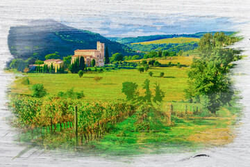 Fototapeta na wymiar Vineyards in Anney of Sant'Antimo, Tuscany, watercolor painting