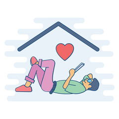 
Boy laying and hut shape home characterizing home feeling 
