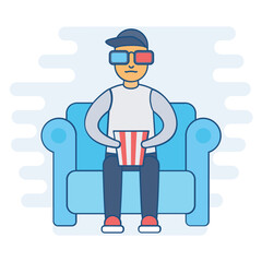 
Boy watching 3d movie and eating popcorn 
