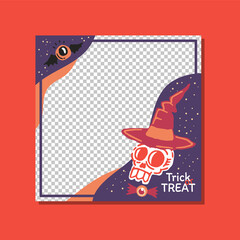Halloween mysterious party promo sale social media banner template with magic elements. magic witch hat, skull, eye, bat. Poster, banner, special offer with transparent part