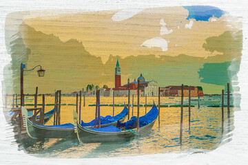 Swinging gondolas on Grand canal in Venice, watercolor