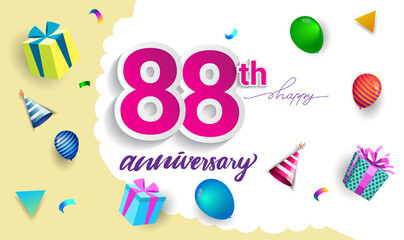 88th Years Anniversary Celebration Design, with gift box and balloons, ribbon, Colorful Vector template elements for your birthday celebrating party.