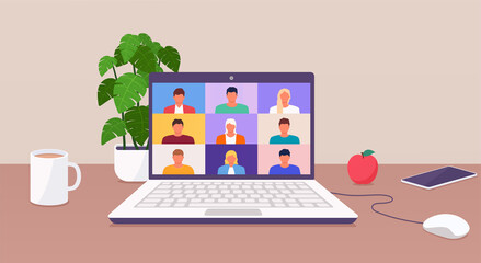 Working from home, people talk or learning online by teleconference on laptop working from anywhere parts of the world from home. Conference video call.