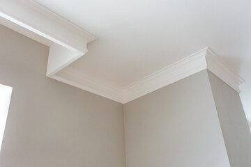 Detail of corner ceiling with intricate crown molding.