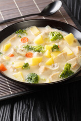 Japanese cream stew is a winter warmer, combining chicken and root vegetables with a savoury cream based sauce close-up