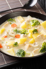 Cream stew is a popular dish consisting of meat chicken and mixed vegetables, onion, carrot, potato and cabbage, cooked in thick white roux close-up in a bowl