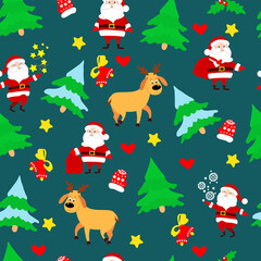 Christmas seamless pattern for packaging, gifts, textiles, festive wallpapers. Christmas trees, bells, Santa Claus laughs, with a bag of gifts, stars, red mittens on a dark blue-green background.