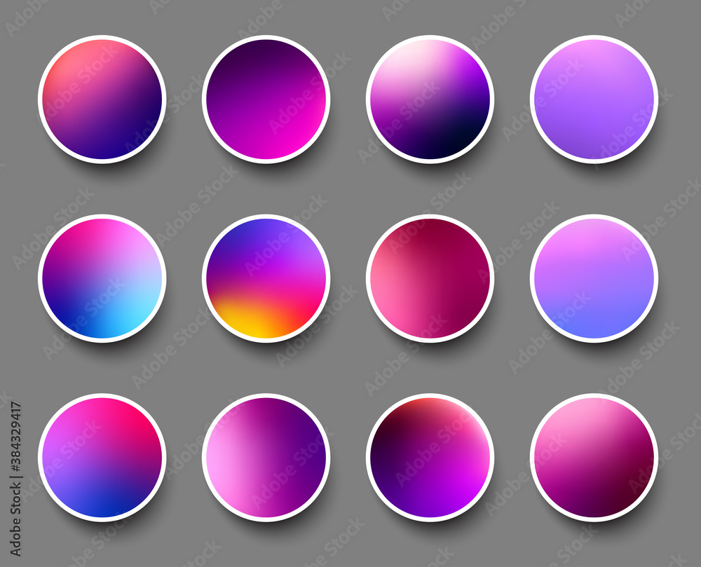 Poster set of rounded holographic gradient sphere buttons.