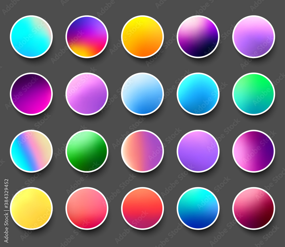 Aufkleber set of rounded holographic gradient sphere buttons.