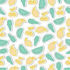 Colorful summer seamless pattern with tropical fruits and summer object, summer icon, Fashion print design, vector illustration