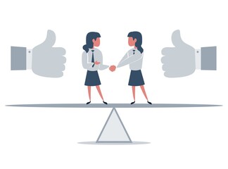 Business partners shaking hands as a symbol of unity. Businessman standing on seesaw. Vector flat design illustration.