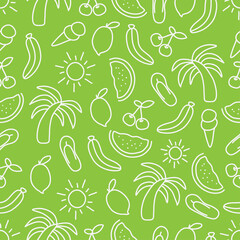 Colorful summer seamless pattern with tropical fruits and summer object, summer icon, Fashion print design, vector illustration