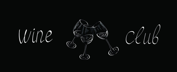 Glass with wine, chalk vector isolated design element on black background. Concept for logo, print, menu, invitation, bunner
