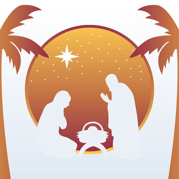 happy merry christmas manger scene with holy family silhouette