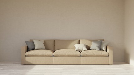 A sofa in a living room, empty wall, 3D render.