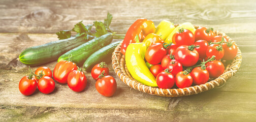 Harvest of fresh ripe vegetables on wooden table and in rod bowl - pepper, tomato, cucumber, celery leaves. Healthy organic food, summer vitamins, BIO viands, natural background