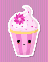 Cute cupcake character in kawaii style. Pink cake decorated with cream and sugar flower. Vector illustration.