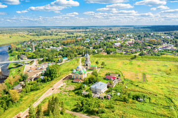Fototapeta premium Aerial view of the Staritsa town and the Cathedral of Boris and Gleb