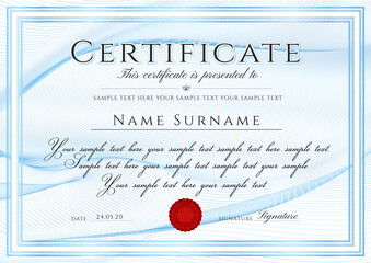 Certificate template with Guilloche line pattern, frame border and red wax seal (medal). Blue background for Diploma, certificate of achievement, attendance, award design