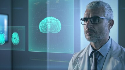high tech futuristic hospital,man doctor working with augmented reality,scientist male in uniform examines 3d human body organs in laboratory with artificial intelligence - Powered by Adobe