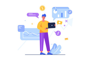 Guy standing with laptop calculates benefits, graphs and data, isolated on white background, flat vector illustration