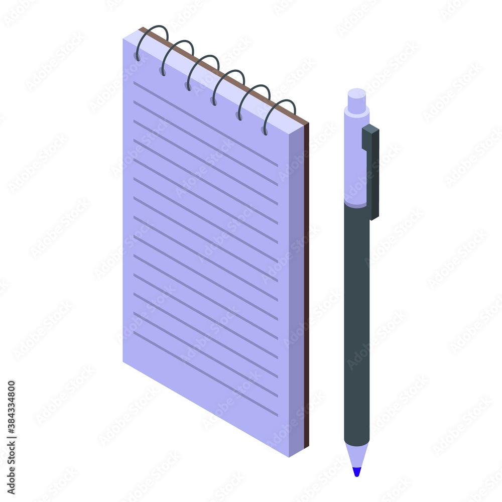 Poster pen and notebook icon. isometric of pen and notebook vector icon for web design isolated on white ba