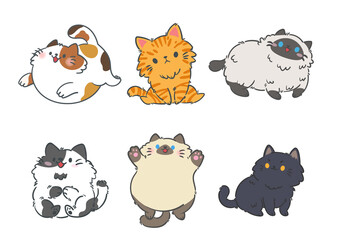 Set of different cat breeds in different poses on white background. Character design. Vector illustration, Cartoon doodle style.