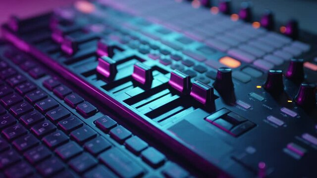 Close-up of fingers of a hand. Leveling Sound On A Recorder. A professional DJ or producer turns up the volume of music in the studio on a mixing console. The artist makes creativity. Records a track