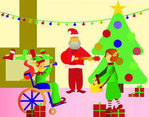 The family with their disabled son in a wheelchair dressed as Santa and elves are playing Christmas music and celebrating Christmas and New Year. A disabled child in a wheelchair celebrates Christmas