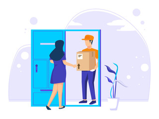 Fast online delivery. Couriers deliver goods or postal packages to the customer's house. Vector illustration in flat style.