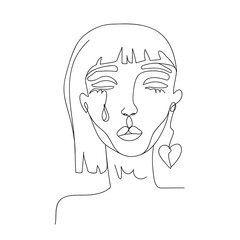 woman face crying outline. face crying сontinuous line  drawing of sad woman face, fashion minimalist concept, One continuous line of women face crying illustration minimalism style