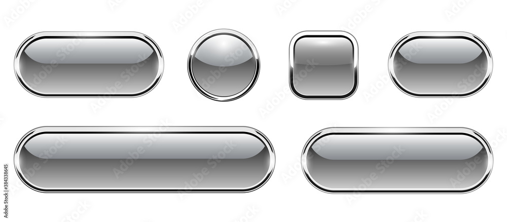 Aufkleber Grey shiny buttons set, glossy isolated icons with metallic chrome elements, vector illustration.