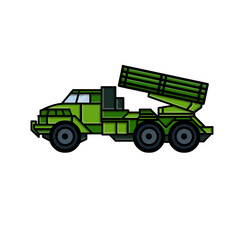 Rocket launcher. Green Truck with weapons. Modern air defense system