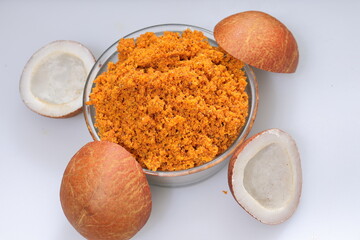 Close up view of dried coconut chips chutney on white background in india
