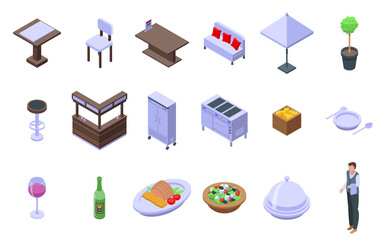 Restaurant icons set. Isometric set of restaurant vector icons for web design isolated on white background