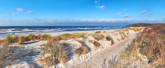 Bike way by the beach near Kloster. Island Hiddensee in Germany. Autumn or winter out of season.