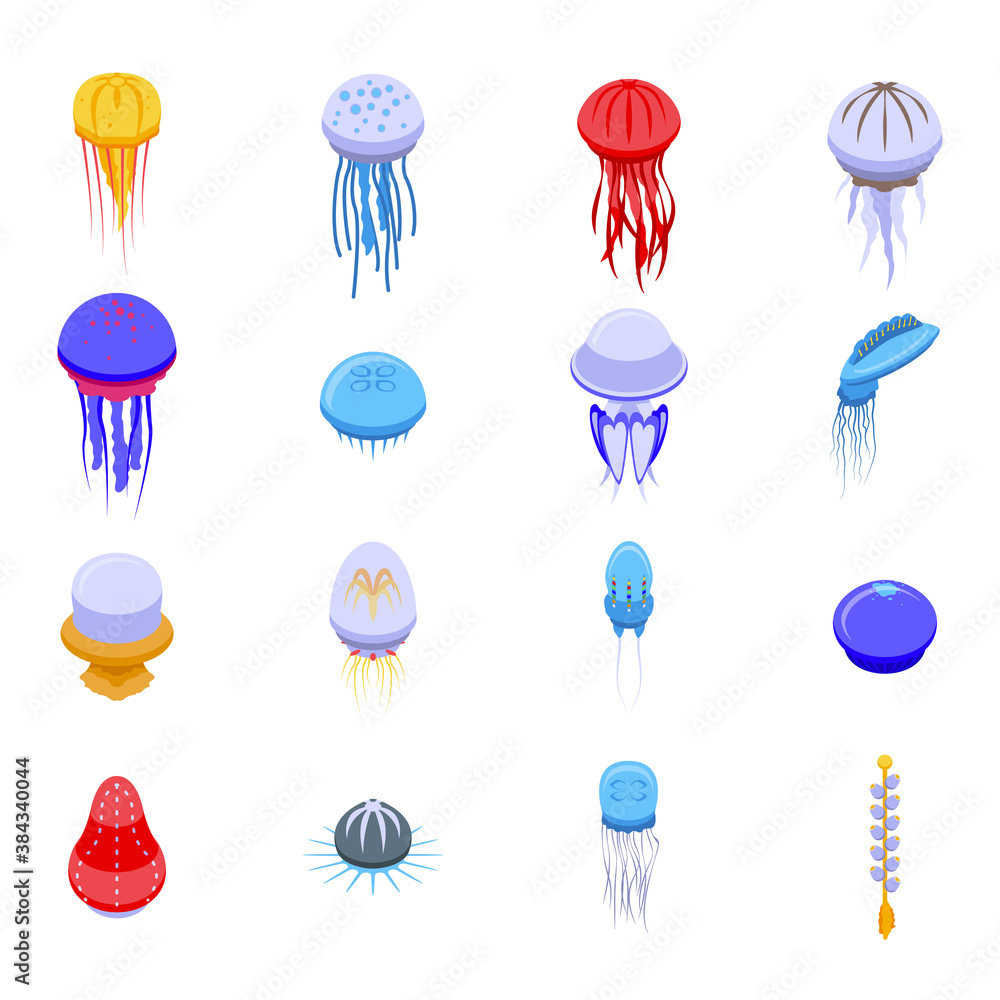 Poster jellyfish icons set. isometric set of jellyfish vector icons for web design isolated on white backgr