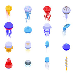 Jellyfish icons set. Isometric set of jellyfish vector icons for web design isolated on white background