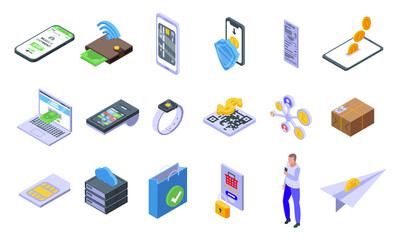 Mobile payment icons set. Isometric set of mobile payment vector icons for web design isolated on white background