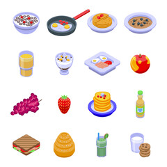 Healthy breakfast icons set. Isometric set of healthy breakfast vector icons for web design isolated on white background
