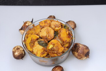 Taro or Colocasia esculenta fry on isolated white background